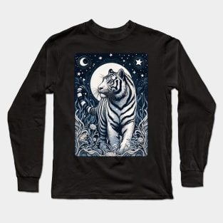Monochromatic White Tiger In Jungle At Night Long Sleeve T-Shirt